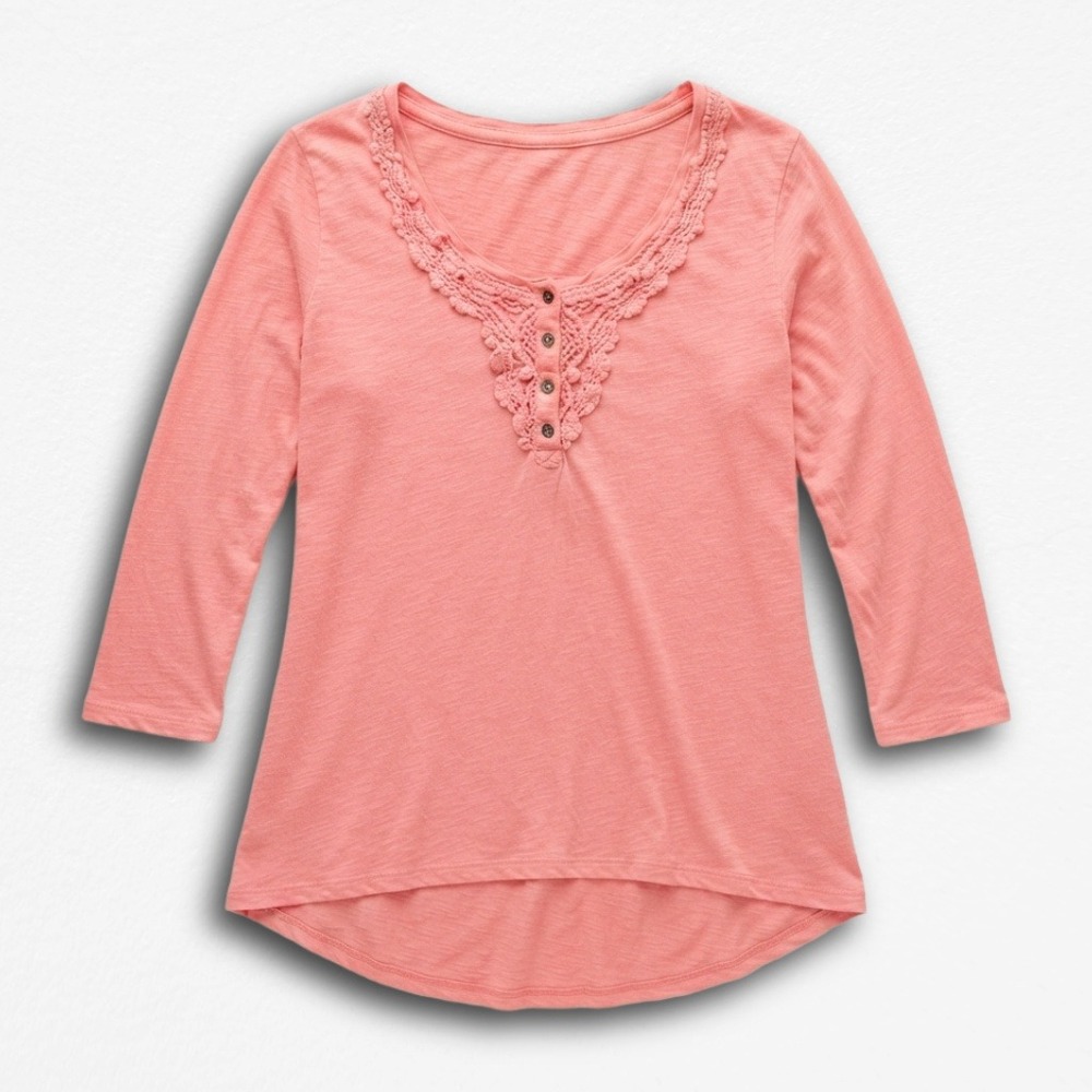 Womens Coral Pink Crochet Lace Henley Top 3/4 Sleeve High Low Slub Knit Tee